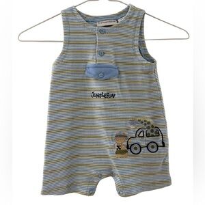 First Impressions Blue Striped Jungle Fun Teddy Bear Romper 6/9 Months